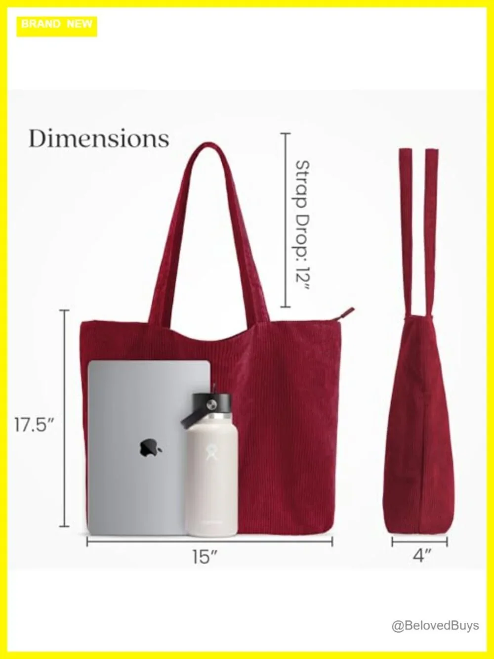 Corduroy Tote Bag with Zipper, Interior Pockets, Machine Washable, Fits Laptop
